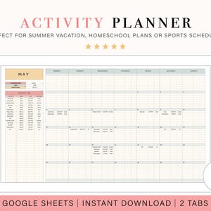 May include: Digital activity planner with the title "ACTIVITY PLANNER" in pink. The planner is displayed on a tablet screen, with a calendar layout for the month of May. The text "GOOGLE SHEETS | INSTANT DOWNLOAD | 2 TABS" is at the bottom.