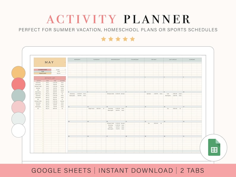 May include: Digital activity planner with the title "ACTIVITY PLANNER" in pink. The planner is displayed on a tablet screen, with a calendar layout for the month of May. The text "GOOGLE SHEETS | INSTANT DOWNLOAD | 2 TABS" is at the bottom.