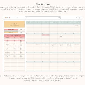 K&ouml;nnte beinhalten: Eine digitale Kalenderseite mit der &Uuml;berschrift &bdquo;Juli-Rechnungs-Kalender&ldquo;. Der Kalender ist in eine Liste von Rechnungen, Schulden und Abonnements mit einem entsprechenden Betrag und ein Kalenderrraster mit den Wochentagen unterteilt. Der Kalender soll Benutzern helfen, organisiert zu bleiben und versp&auml;tete Zahlungen zu vermeiden.