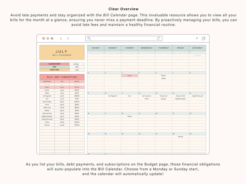 K&ouml;nnte beinhalten: Eine digitale Kalenderseite mit der &Uuml;berschrift &bdquo;Juli-Rechnungs-Kalender&ldquo;. Der Kalender ist in eine Liste von Rechnungen, Schulden und Abonnements mit einem entsprechenden Betrag und ein Kalenderrraster mit den Wochentagen unterteilt. Der Kalender soll Benutzern helfen, organisiert zu bleiben und versp&auml;tete Zahlungen zu vermeiden.