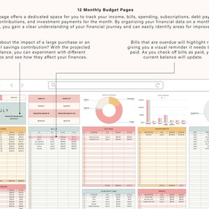 K&ouml;nnte beinhalten: Ein digitaler Haushaltsplaner mit einem hellblauen, rosa und gelben Farbschema. Der Planer enth&auml;lt Abschnitte f&uuml;r Einkommen, Rechnungen, Ersparnisse, Investitionen und Ausgaben. Der Planer enth&auml;lt auch einen Abschnitt zur Verfolgung von Abonnements und Schulden. Der Planer soll Benutzern helfen, ihre Finanzen zu verfolgen und fundierte finanzielle Entscheidungen zu treffen.