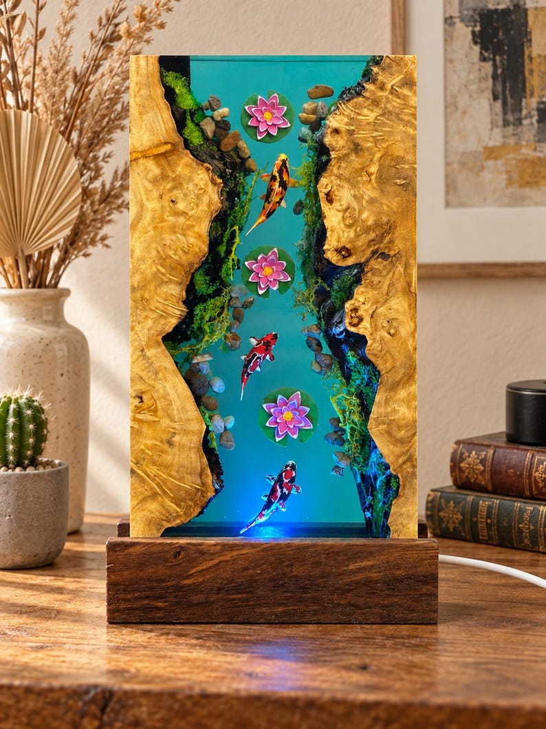 Koi Fish Resin Lamp, Handmade Wooden Pond Light, LED 7 Color Home Decor ...