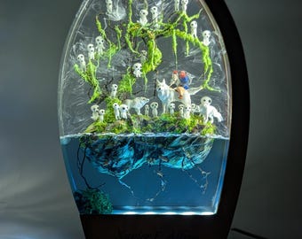 Resin Forest Lamp: Handmade Anime Night Light with Kodama Spirits,Unique Resin Night Light