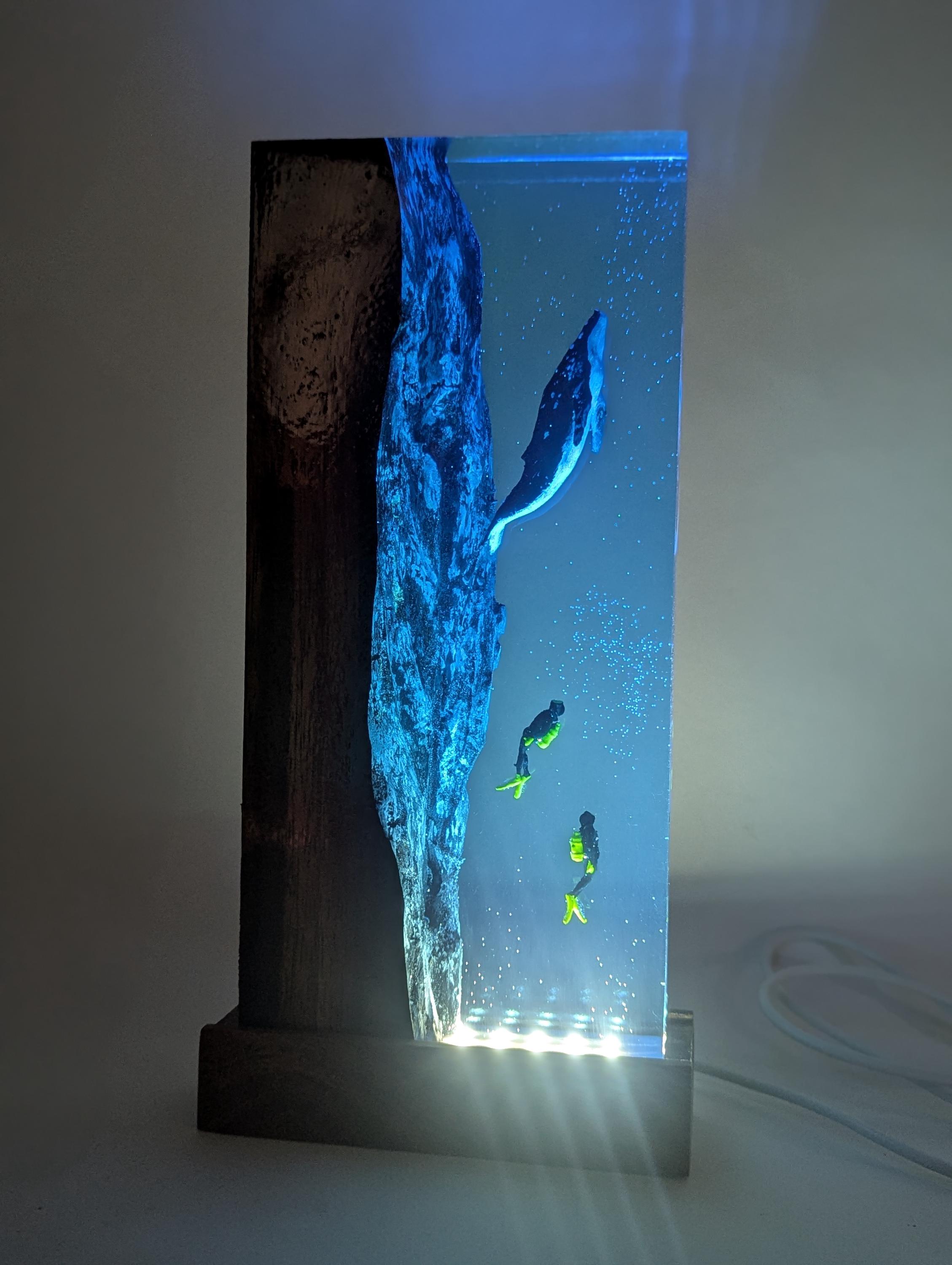 Ocean Deep Resin Lamp With Divers and Whale | Handmade Wood & Epoxy ...