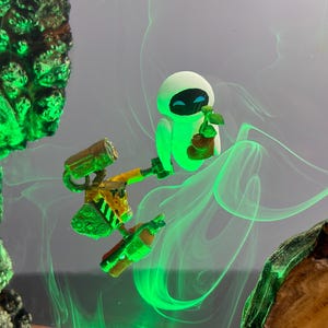May include: A whimsical artwork featuring the characters Wall-E and Eve from the animated film. Eve, in a glowing green hue, holds a plant. Wall-E, with yellow and green accents, is also present. The background has green swirls.