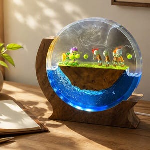 Pode incluir: Uma lâmpada circular de resina com um diorama de uma planta verde de frente para um grupo de pequenas figuras de zumbis numa ilha relvada. A cena está dentro de uma esfera de resina transparente com água azul, sobre um suporte de madeira curvo.