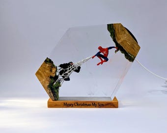 Handmade Spider-Man vs Venom Resin Lamp: Epoxy Wood LED RGB Light-Christmas Gift,Unique Resin Night Light