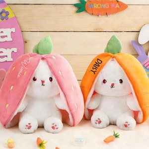 Personalized Easter Transforming Bunny Plush|Carrot/Strawberry Shell Rabbit Toy,Custom Easter Rabbit Gift For Kid,Stuffed Plush Bunny Toy.