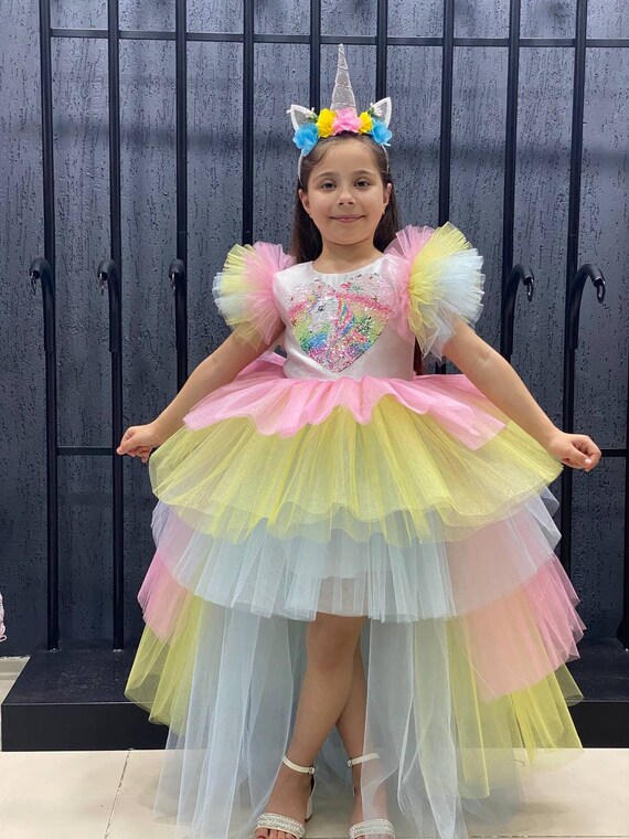 Colorful Evening Dress With Unicorn and Crown and Puffy Sleeves