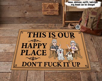 Our Happy Place Couple With Pets Custom Home Decor Decorative Mat, Custom Family Welcome Mat, Funny Happy Place Door Mat, Pet Lover Gift