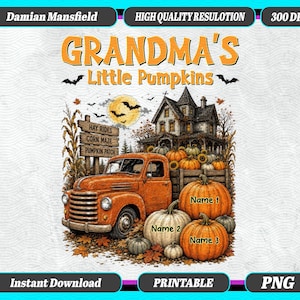 Retro Vintage Farmhouse Halloween Town Style Grandma's Little Pumpkins Truck Personalized PNG, Custom Grandkids Names, Pumpkin Patch Png