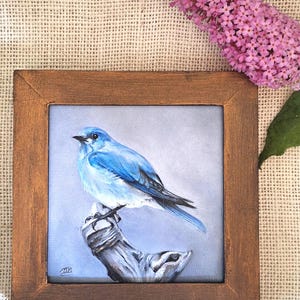 ORIGINAL oil painting in wooden antique style frame, fine art romantic style, blue bird painting, bird art, oil painting gift, ready to hang