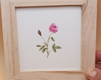 ORIGINAL watercolor tiny painting, rose drawing,  tiny art, tiny painting, wooden frame included, rose in watercolor, gift wrapped