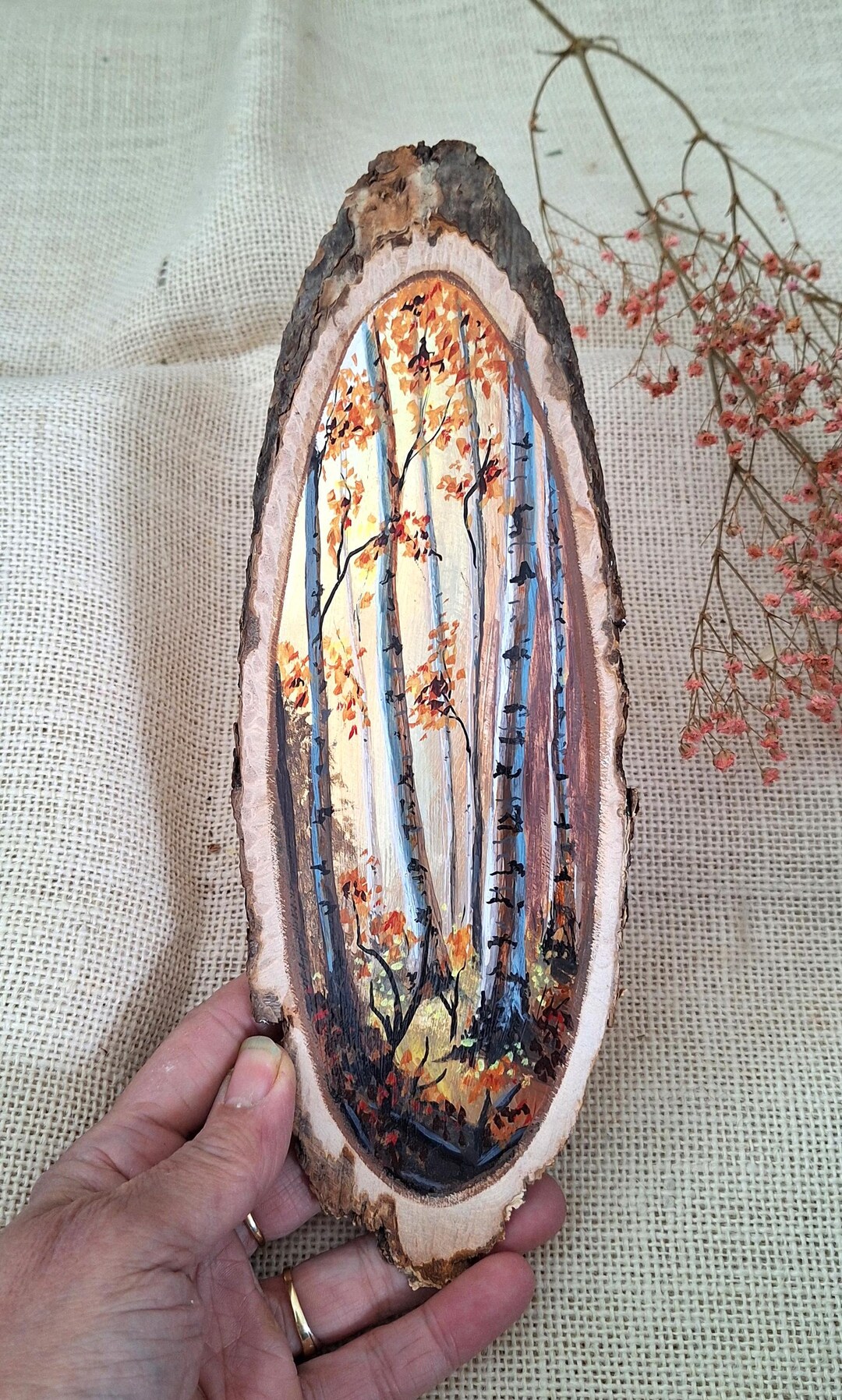 Original Landscape Painting on Wood Slice | Unique Art by Mireille Both ...