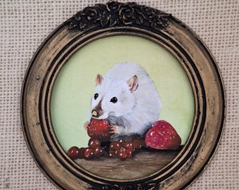 油絵　ネズミ 小さなネズミのオリジナル絵画、素敵なネズミの油絵、穴の中のネズミの