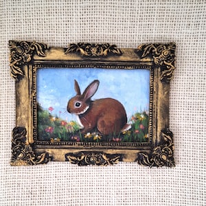 ORIGINAL oil painting, not a print, vintage antique style frame, tiny wall decor, bunny painting, old world, farmhouse style, cottagecore
