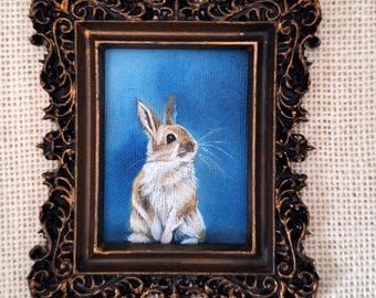 Pintura al óleo original de conejito sobre lienzo en marco vintage