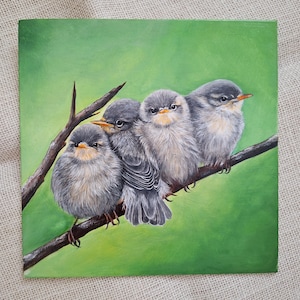 ORIGINAL bird painting, 20 x 20 cm baby birds portrait, fine art, woodland art, wall art, 8 x 8 inch, realistic art, wildlife portrait