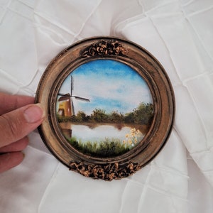Peinture à l'huile sur toile encadrée en or vintage ORIGINAL, cadre de style antique en porcelaine, petite décoration murale française, peinture de paysage vieux monde