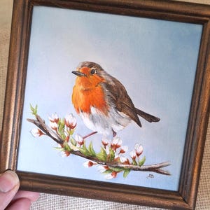 ORIGINAL oil painting in wooden antique style frame, fine art romantic style, robin painting, bird art, oil paint gift, ready to hang