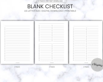 May include: Three printable blank checklists, each with two pages, for organizing tasks. The checklists are designed in a simple, minimalist style with a white background and gray lines. The text "BLANK CHECKLIST" is at the top of the page, along with the text "US LETTER SIZE | DIGITAL DOWNLOAD | PRINTABLE". The text "3 Versions!" is in a circle at the bottom right corner of the image.