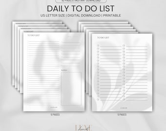 Puede incluir: Una lista de tareas diarias imprimible con 10 páginas, con un diseño simple con líneas para escribir tareas y una sección de notas. El texto "TO DO LIST" está en la parte superior de cada página.