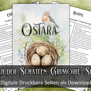Puede incluir: Una página imprimible con una ilustración de acuarela de un nido de petirrojo con huevos y un petirrojo posado en el borde. El texto "Ostara" está escrito en una fuente decorativa sobre el nido. La página también incluye texto en alemán sobre la festividad de Ostara y recetas de comidas tradicionales.