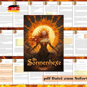 May include: A printable PDF document titled "Die Sonnenhexe" featuring a woman with long red hair standing in front of a large sun. The text "pdf-Datei zum Sofort-Druck" is at the bottom of the page.