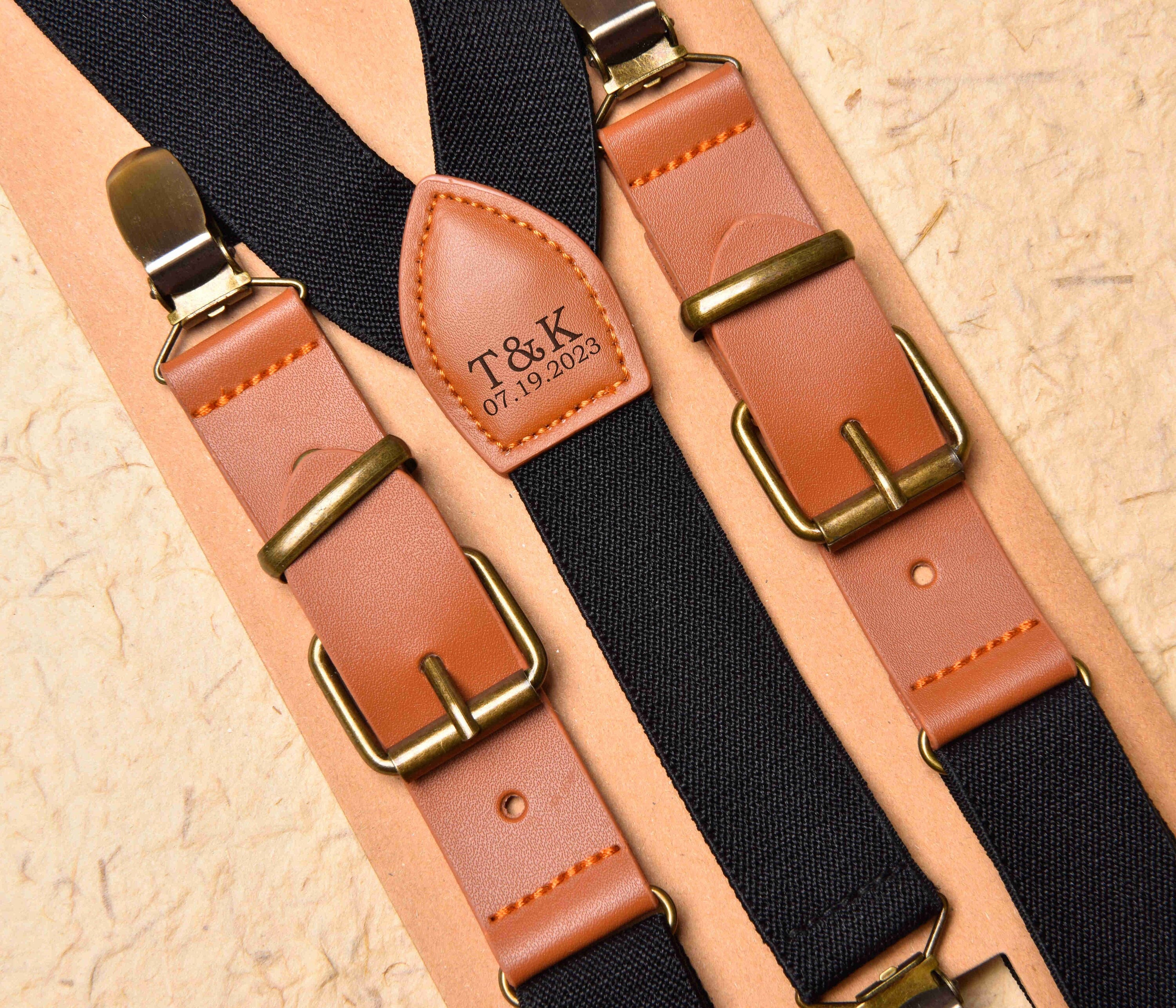 Cognac Leather Suspenders. Groom and Groomsmen Leather Bracers