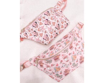 Large Nylon Fanny Pack, Crossbody Bag: Pink Cartoon Print Belt Bag