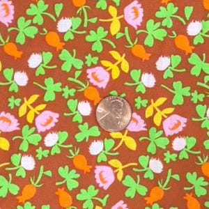 May include: A close-up of a brown fabric with a repeating pattern of green clovers, orange carrot-like shapes, pink flowers, and white flowers. A US quarter coin is in the center of the image.