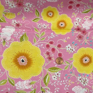May include: Pink floral fabric with large yellow flowers, white and pink blossoms, green leaves, and red berries. The fabric has a repeating pattern of flowers and foliage.