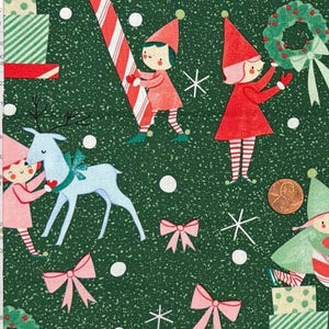 May include: A dark green fabric featuring a repeating Christmas pattern of elves in red hats, light blue reindeer, candy canes, gift boxes, wreaths, and pink bows. A copper-coloured penny is placed on the fabric for scale, measuring 1.9 cm.