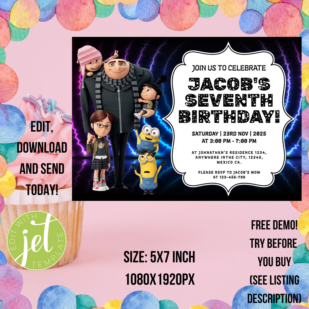 Editable Despicable Me Birthday Invitation Despicable Me Etsy