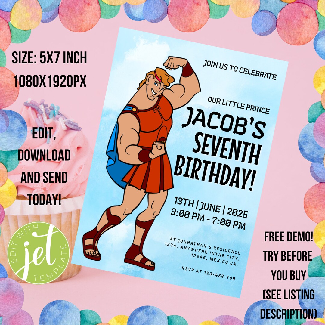 Editable Hercules Birthday Invitation Hercules Themed Party Etsy
