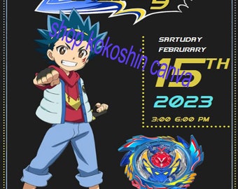 Beyblade birthday party invitation custom canva 4 x 6 or 5 x 7 free backside