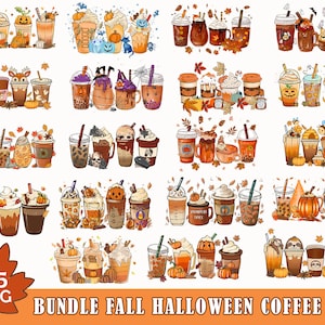 May include: A digital collection of 35 PNG files featuring illustrations of coffee cups and mugs decorated with fall and Halloween themes, including pumpkins, autumn leaves, ghosts, and bats, labeled as BUNDLE FALL HALLOWEEN COFFEE PNG.