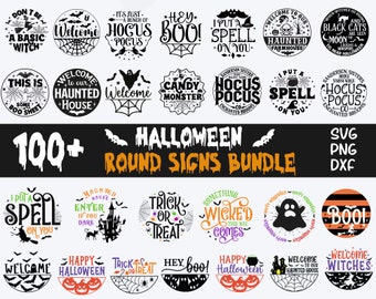 May include: A digital collection of over 100 round Halloween sign designs featuring black, orange, and purple graphics. The bundle includes various circular illustrations with text such as Hocus Pocus, Trick or Treat, and Boo, formatted as SVG, PNG, and DXF files.