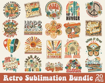 Retro Sublimation Bundle, Retro Boho Png, Hippie Png, Vintage Png, Groovy, Good Vibes Png, Retro Flower Png, Blessed Sublimation Design