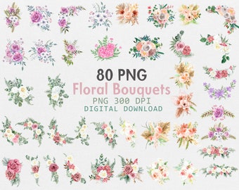 Watercolor Flowers PNG, Watercolor Floral Bouquets Clipart, Wedding Flower Png, Floral Ornaments, Wedding Bouquet Watercolor, Wreaths Png