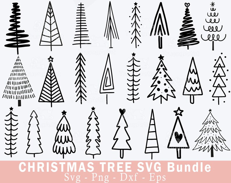 May include: A collection of twenty-four black and white line art illustrations of Christmas trees in various styles, including geometric, scribbled, and minimalist designs, with the text CHRISTMAS TREE SVG Bundle Svg - Png - Dxf - Eps at the bottom.