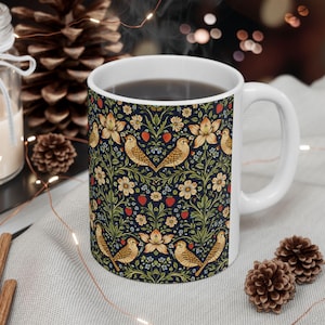 William Morris Style & Bird Floral Pattern Mug | Vintage Botanical Ceramic