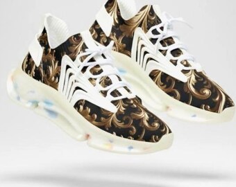 Elegant Mesh Sneakers, Women's Ornate Gold Athletic Shoes, Fashionable Footwear, Unique Casual, Trendy Fitness,