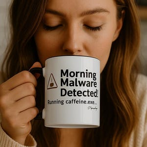 Puede incluir: Una taza de cerámica blanca con asa y borde negros, que presenta un gráfico negro de un triángulo de advertencia con un icono de taza de café, y el texto "Morning Malware Detected! Running caffeine.exe..." impreso en letras negras negritas.