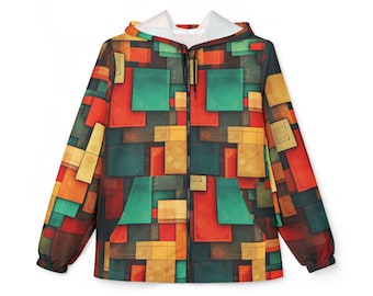 Retro Geometric Abstract Windbreaker Unisex Jacket, Colorful Block Pattern