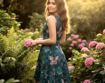 Teal Butterfly Skater Dress, Floral Summer Dress