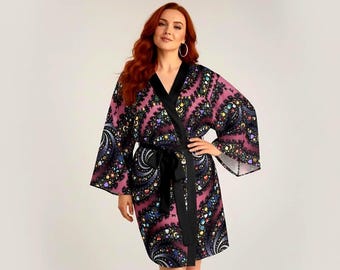 Fractal Art Kimono Robe, Pink Cosmic Abstract Lounge Wear