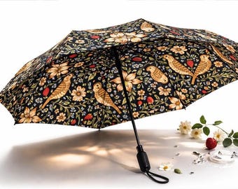 William Morris Floral Bird Umbrella, Vintage Botanical Compact Travel Rain Accessory, Gift For Her