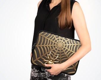 Gothic Laptop Sleeve, Trendy Case, Halloween Gift, Tech Accessory, Spooky Decor, Bronze Spider Web