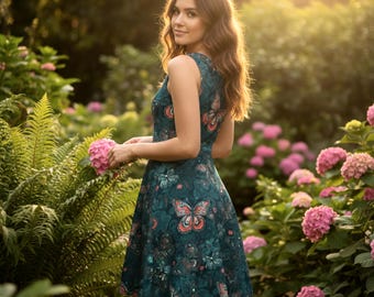 Teal Butterfly Floral Pattern Dress | Skater Dress